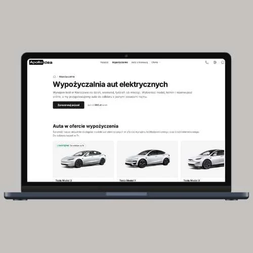 Mockup strony wypożyczalni aut elektrycznych Apollo Idea na laptopie