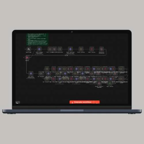 Mockup automatyzacji workflow w n8n na laptopie