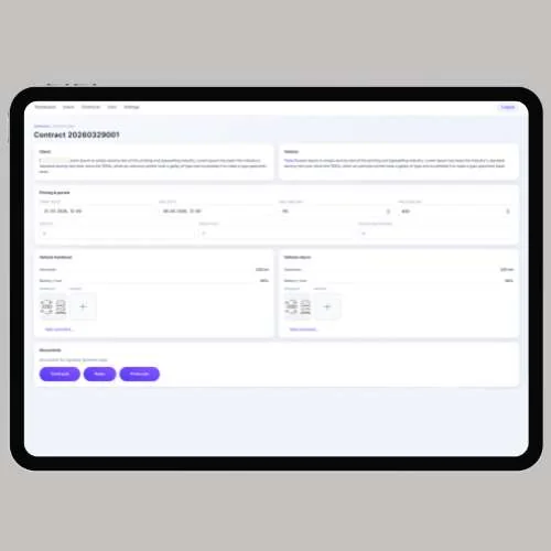 Mockup panelu CRM wypożyczenia floty: umowa, pojazd, Tesla Model 3